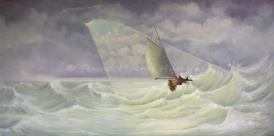 Schilderij De Storm, zeilboot op ruwe zee Bijbelse Schilderijen,Atelier for Hope Fenna Moehn Hummel