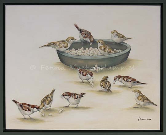 Christian Art, painting sparrows around bread dish, Fenna Moehn Hummel Atelier for Hope