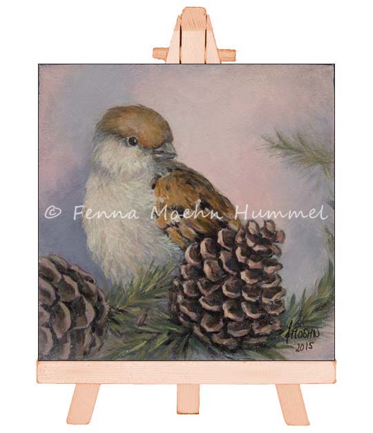 Atelier for Hope Miniature Paintings - Sparrow with pinecone- 