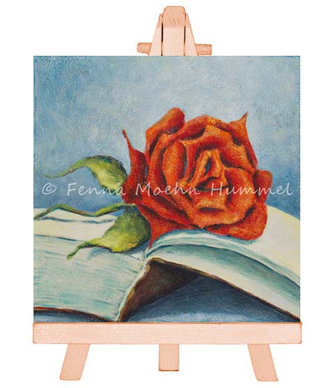 Schilderij rode roos op boek. Miniatuur schilderij Atelier for Hope Doetinchem