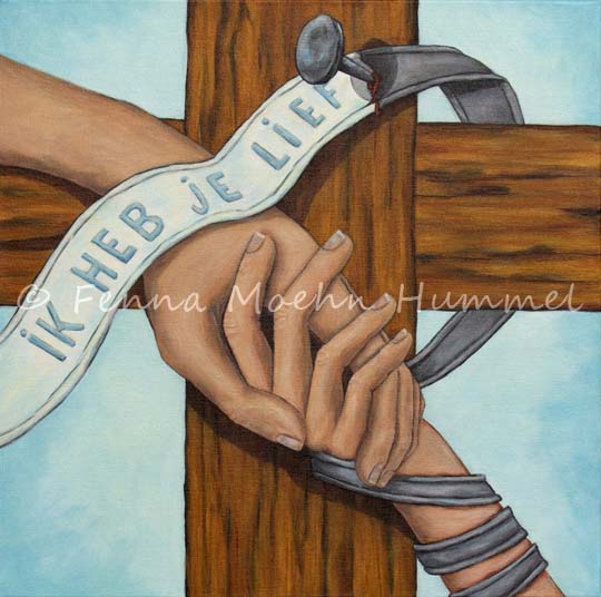 Bijbelse Schilderijen in Opdracht | Ik heb je lief, kruis en hand van God |Atelier for Hope Doetinchem Fenna Moehn Hummel