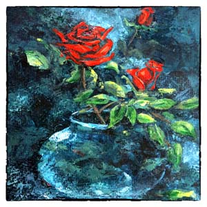 Schilderijen op Kaarten, bijzondere kunstkaarten, Rode roosjes in vaas, Atelier for Hope Doetinchem